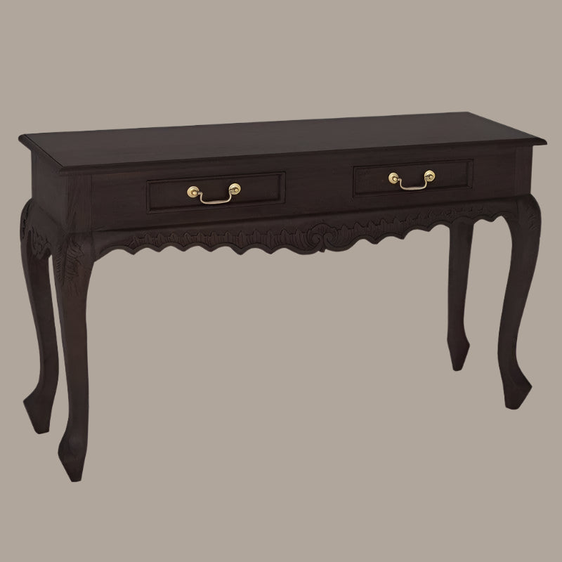 GABRIELLE QUEEN ANN SOLID MAHOGANY CARVED CONSOLE TABLE/HALL TABLE 2 DRAWERS IN CHOCOLATE 120CM - MyChocolateWood
