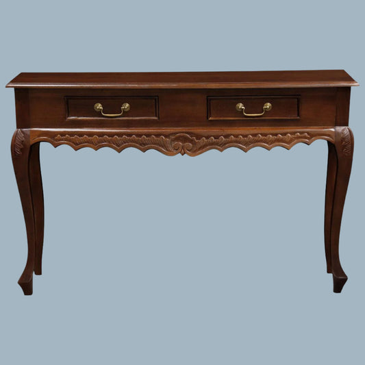 GABRIELLE QUEEN ANN SOLID MAHOGANY CARVED CONSOLE TABLE/HALL TABLE 2 DRAWERS IN MAHOGANY COLOUR - MyChocolateWood