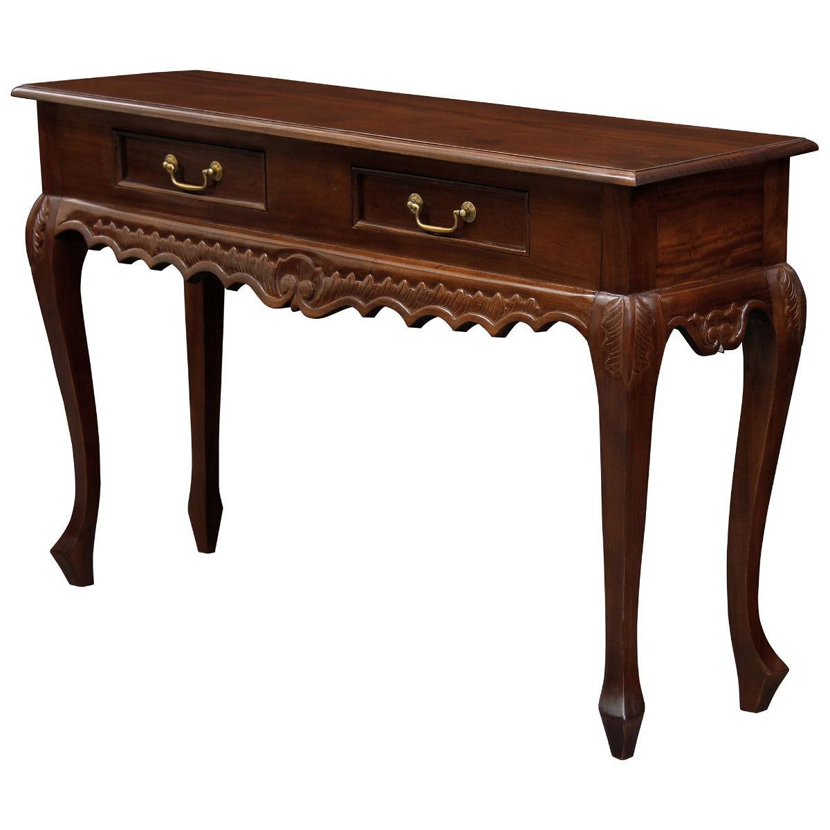 GABRIELLE QUEEN ANN SOLID MAHOGANY CARVED CONSOLE TABLE/HALL TABLE 2 DRAWERS IN MAHOGANY COLOUR - MyChocolateWood