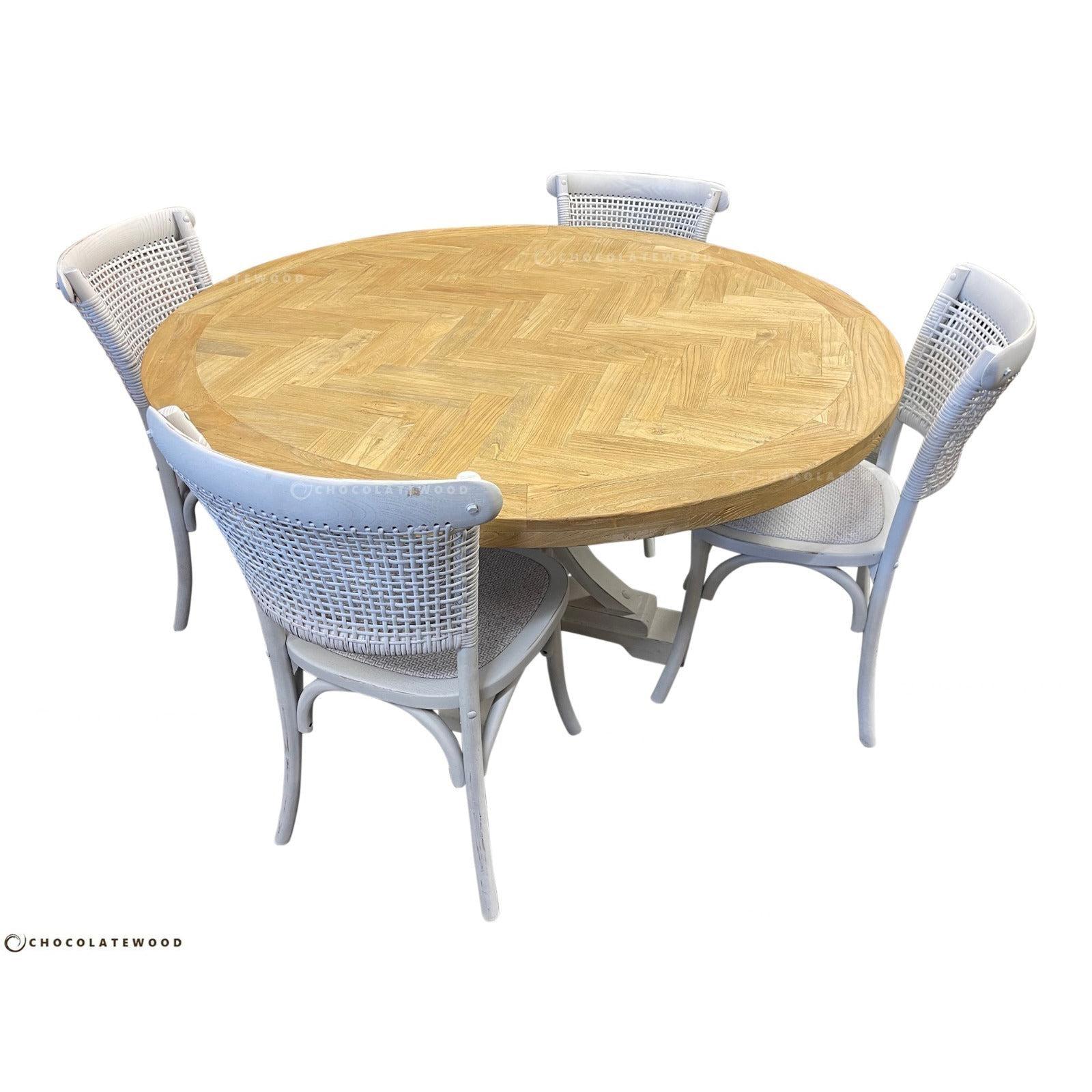 GIBRALTAR HAMPTON ROUND PARQUETRY DINING TABLE 150CM + 4 MARSEILLE WHITE DINING CHAIRS - MyChocolateWood
