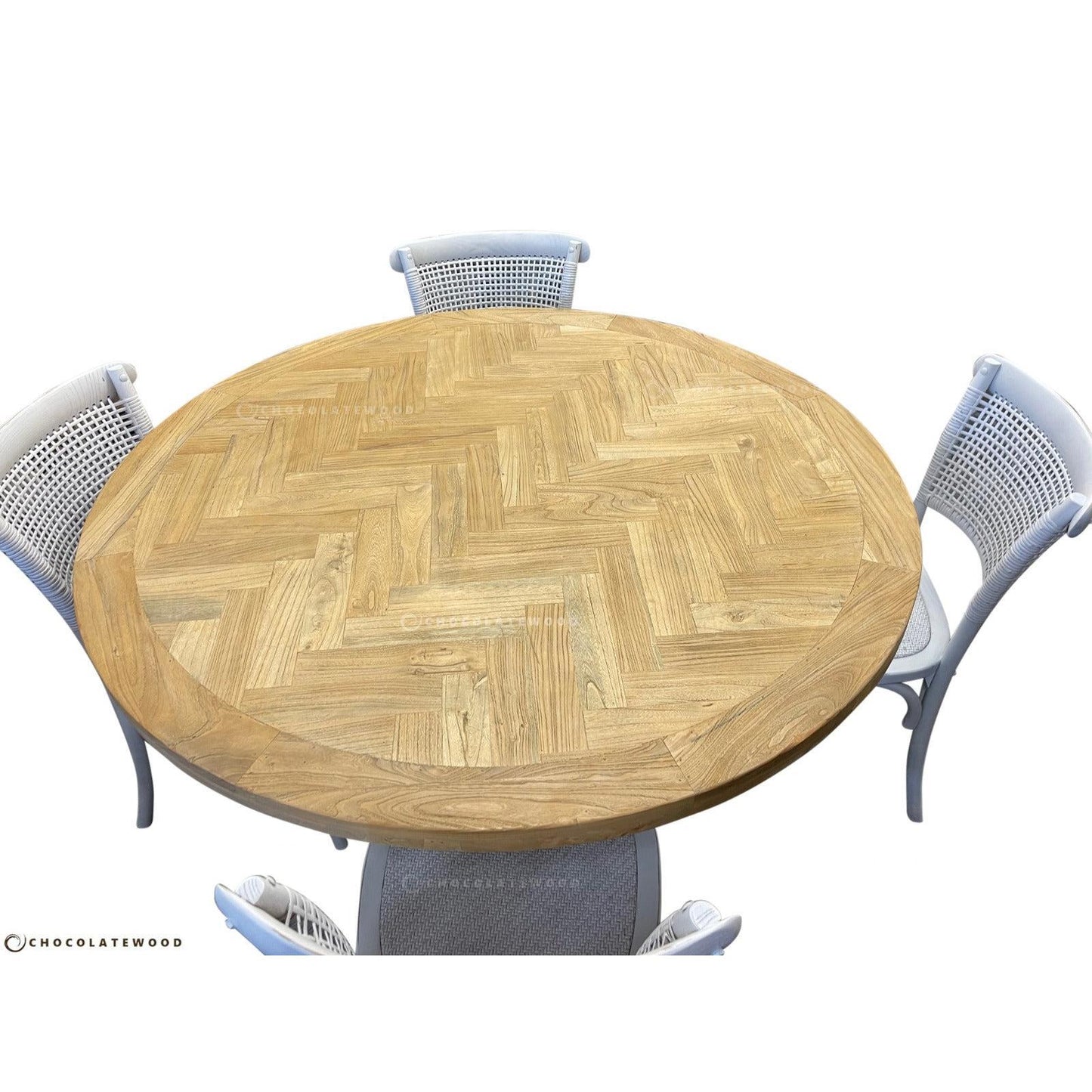 GIBRALTAR HAMPTON ROUND PARQUETRY DINING TABLE 150CM + 4 MARSEILLE WHITE DINING CHAIRS - MyChocolateWood