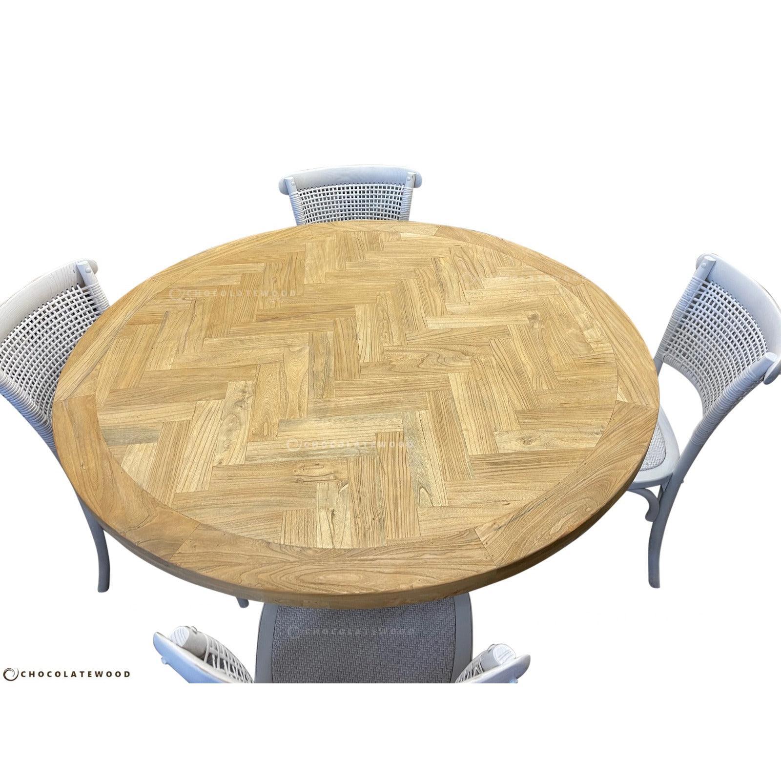 GIBRALTAR HAMPTON ROUND PARQUETRY DINING TABLE 150CM + 4 MARSEILLE WHITE DINING CHAIRS - MyChocolateWood