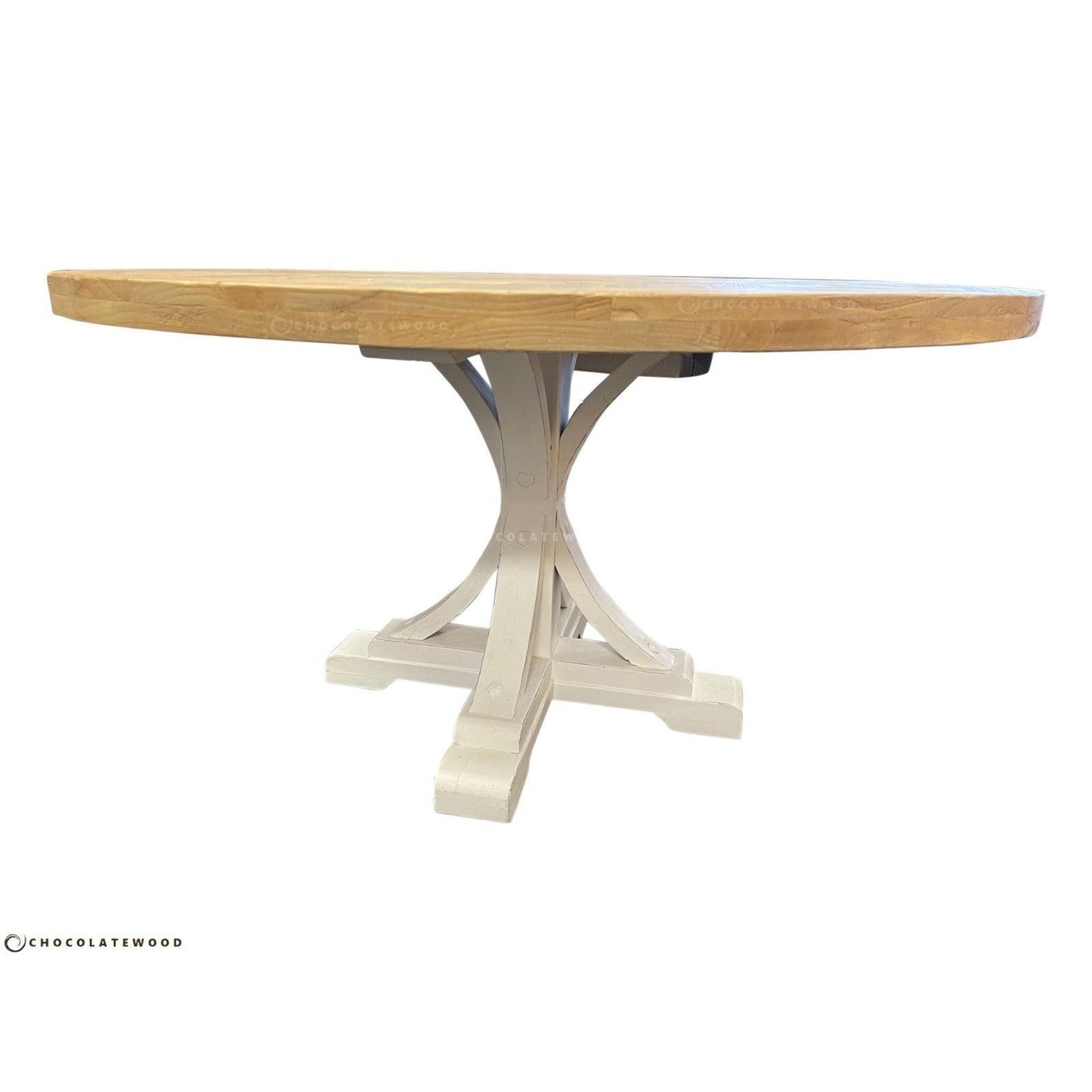 GIBRALTAR HAMPTON ROUND PARQUETRY DINING TABLE 150CM + 4 MARSEILLE WHITE DINING CHAIRS - MyChocolateWood