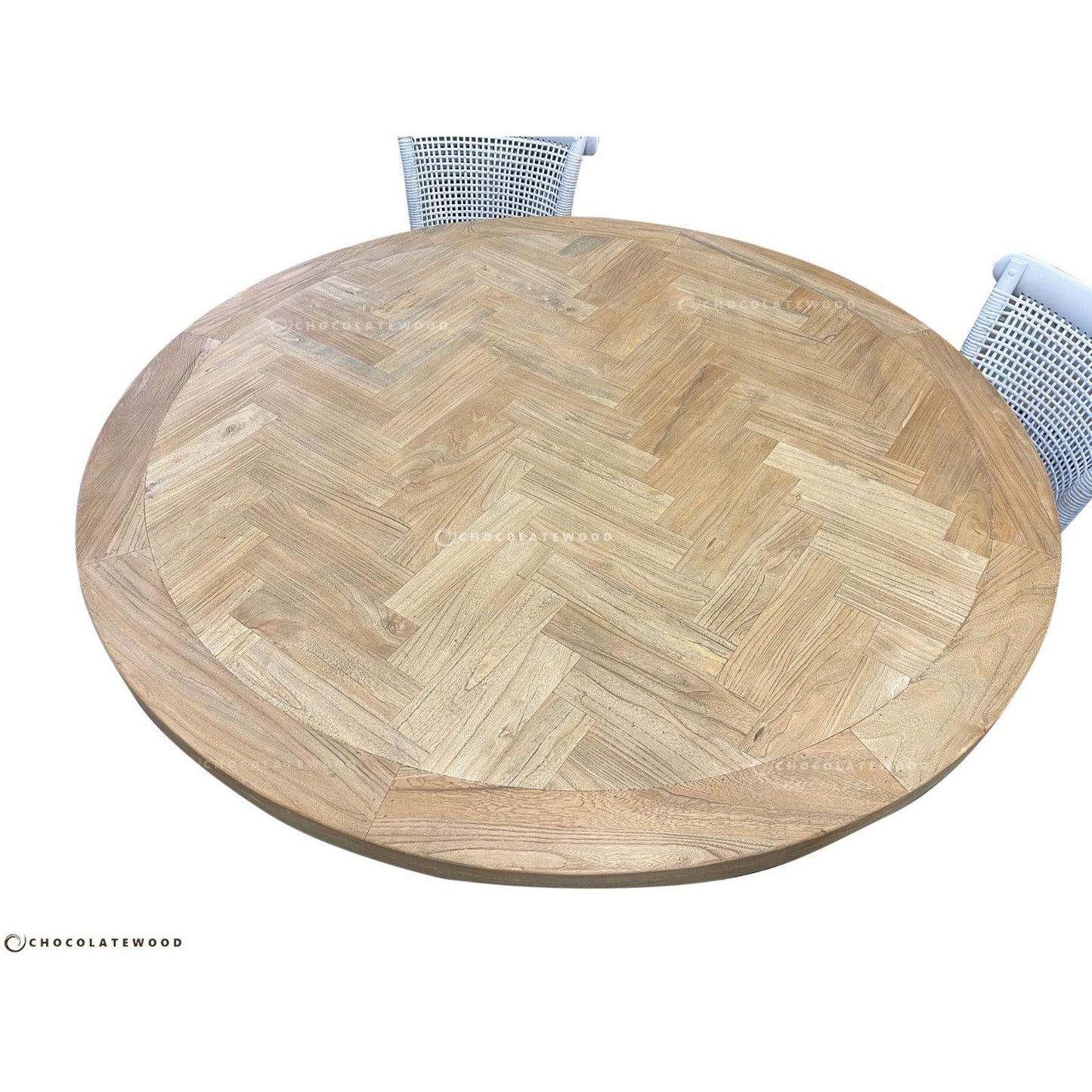 GIBRALTAR HAMPTON STYLE ROUND PARQUETRY DINING TABLE WITH LIGHT WHITE DISTRESSED LEGS IN 1200MM DIAMETER - MyChocolateWood