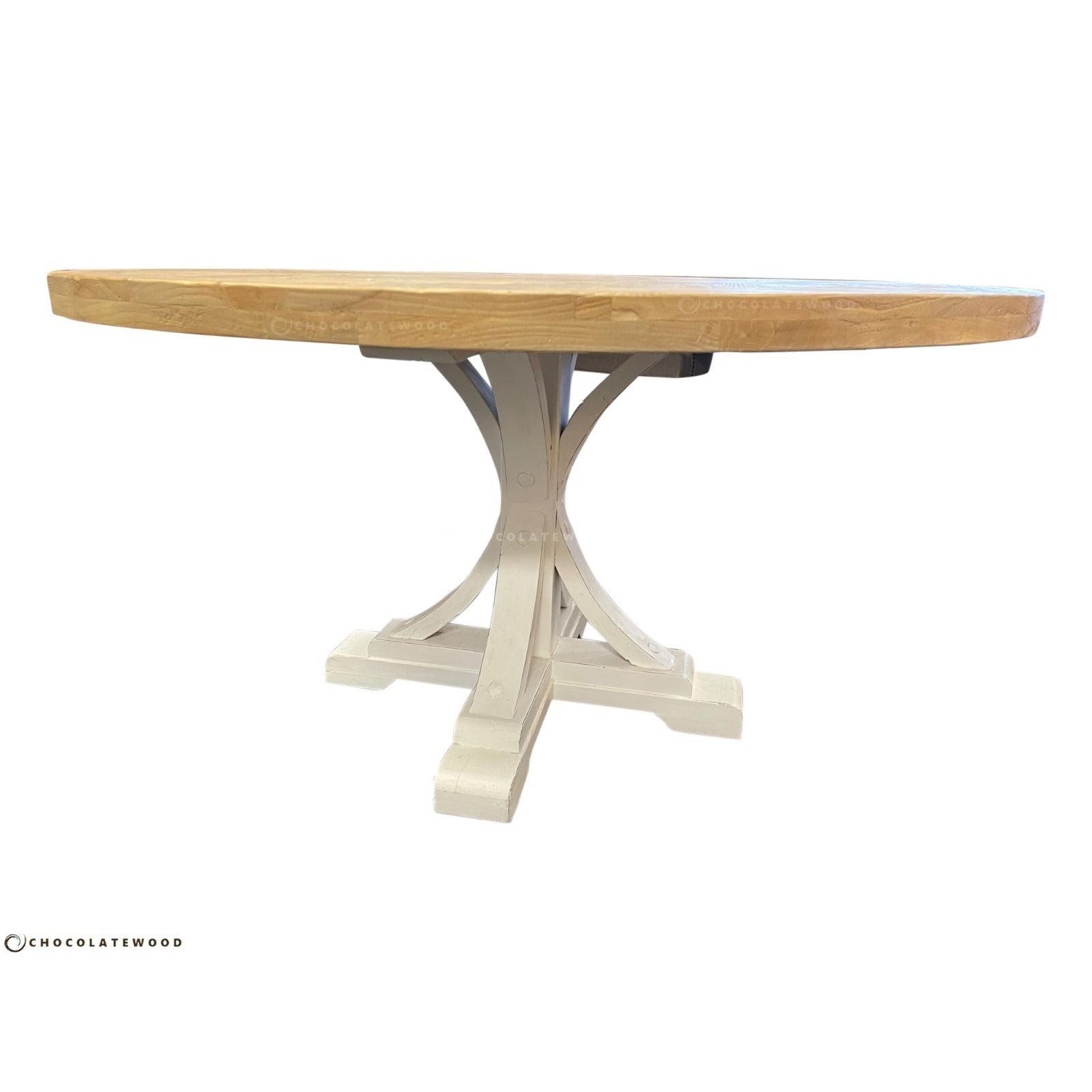 GIBRALTAR HAMPTON STYLE ROUND PARQUETRY DINING TABLE WITH LIGHT WHITE DISTRESSED LEGS IN 1200MM DIAMETER - MyChocolateWood