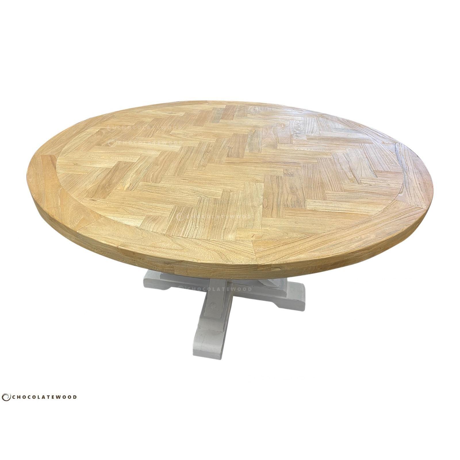 GIBRALTAR HAMPTON STYLE ROUND PARQUETRY DINING TABLE WITH LIGHT WHITE DISTRESSED LEGS IN 1400MM DIAMETER - MyChocolateWood