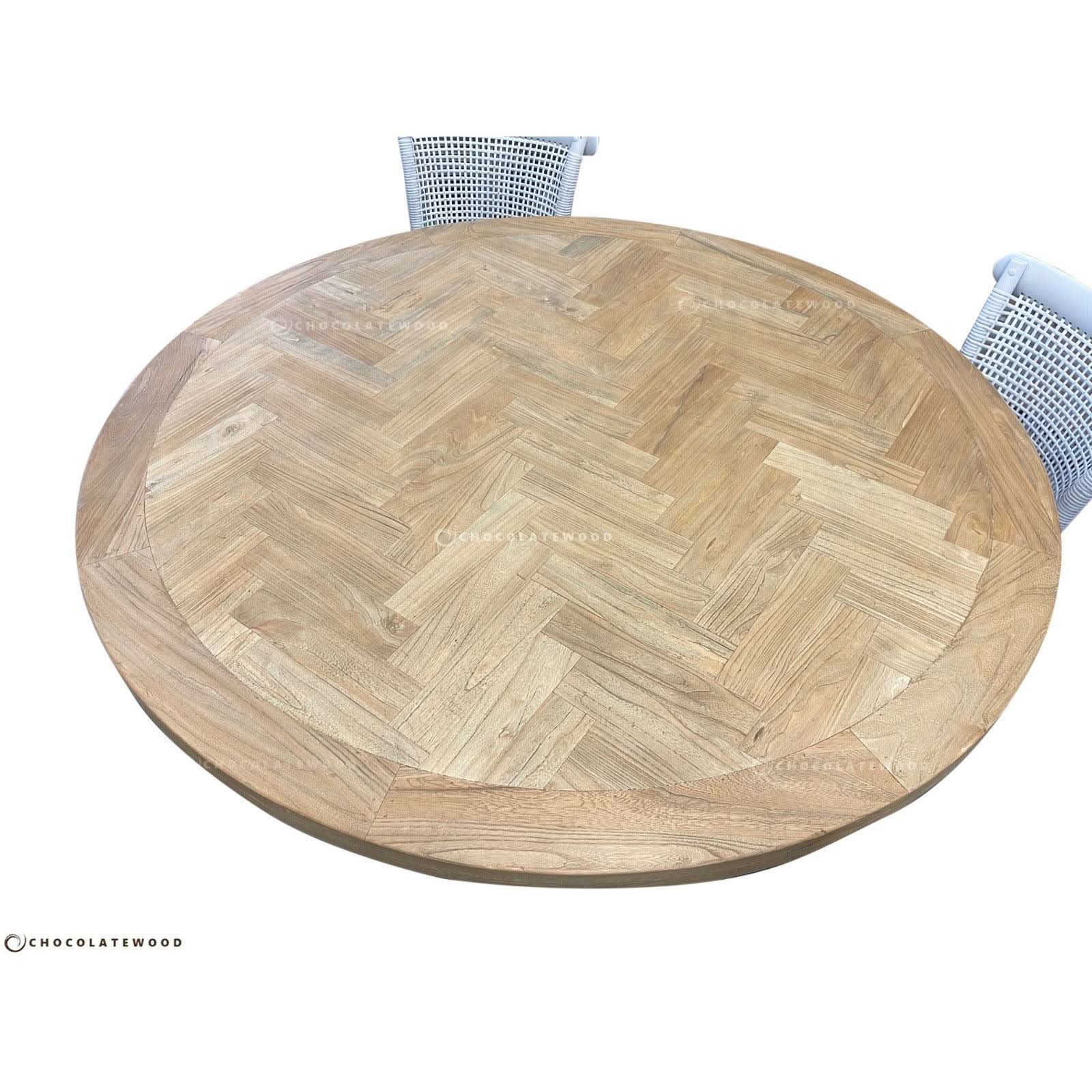 GIBRALTAR PARQUETRY HAMPTON STYLE ROUND DINING TABLE WITH LIGHT WHITE DISTRESSED LEGS IN 1500MM DIAMETER - MyChocolateWood