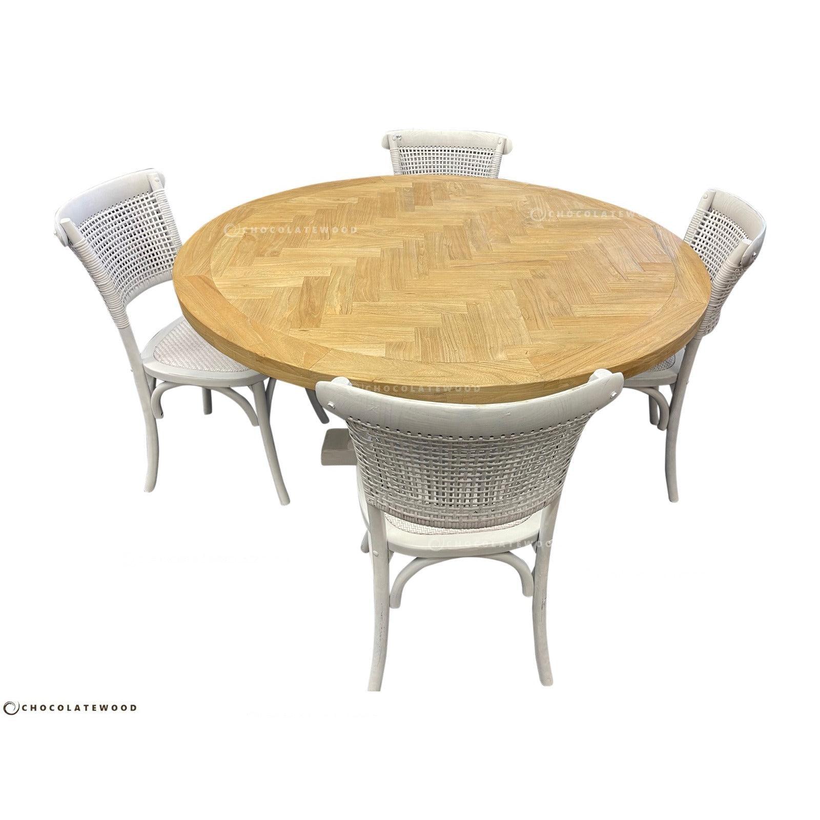GIBRALTAR ROUND DINING TABLE IN 120CM + 4 MARSEILLE WHITE DINING CHAIRS - MyChocolateWood