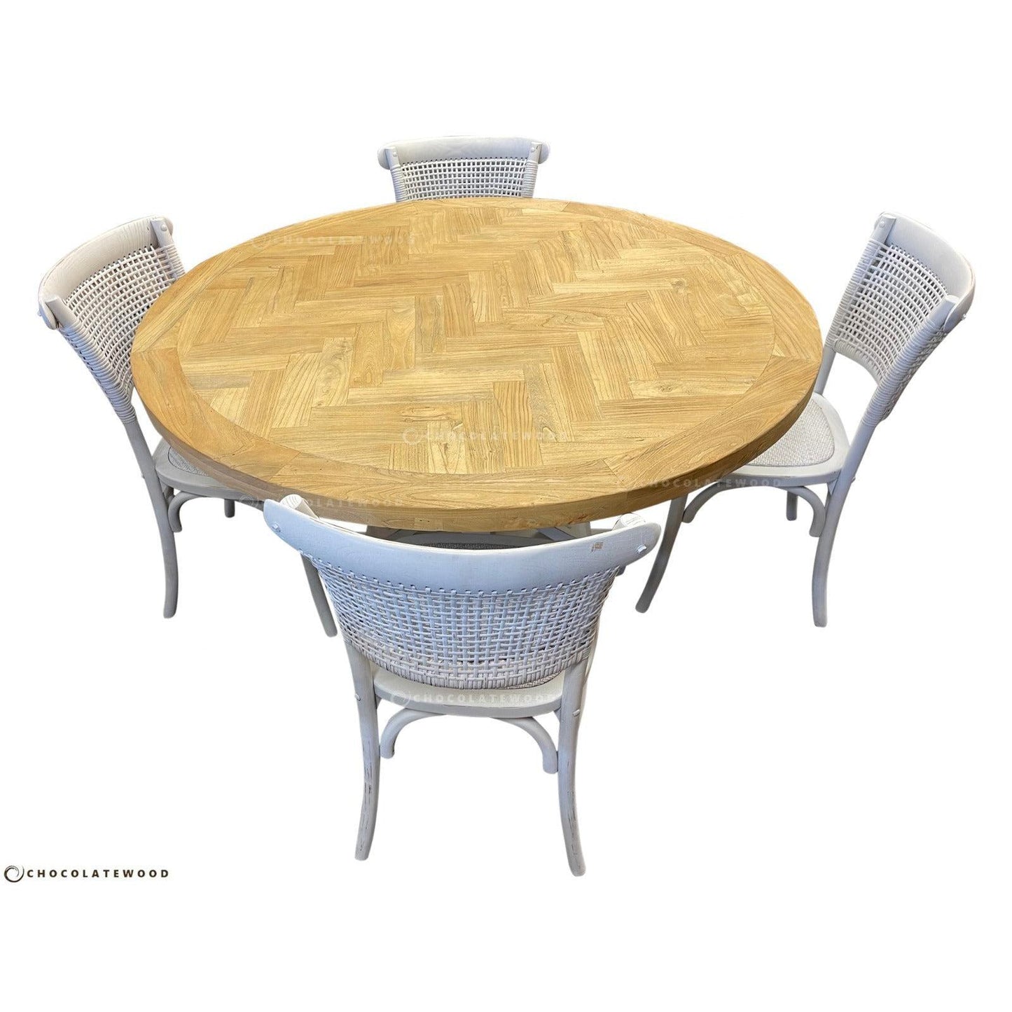 GIBRALTAR ROUND DINING TABLE IN 120CM + 4 MARSEILLE WHITE DINING CHAIRS - MyChocolateWood