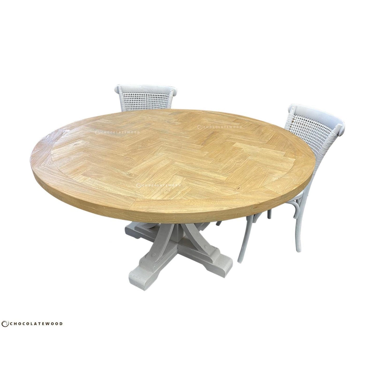 GIBRALTAR ROUND DINING TABLE IN 120CM + 4 MARSEILLE WHITE DINING CHAIRS - MyChocolateWood