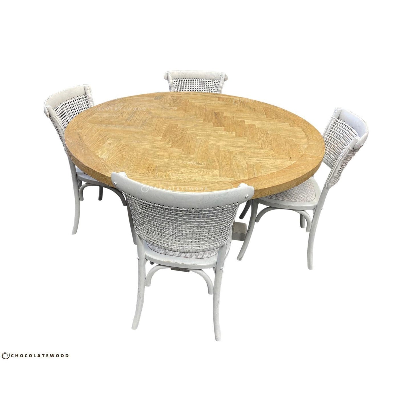 GIBRALTAR ROUND DINING TABLE IN 140CM + 4 MARSEILLE WHITE DINING CHAIRS - MyChocolateWood