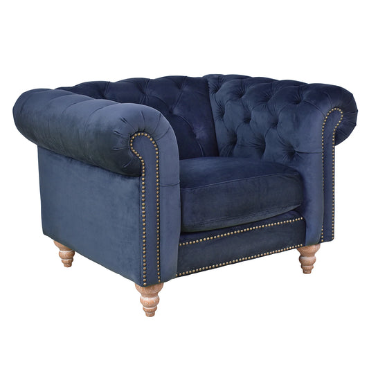 GOTCHA CHESTERFIELD ARMCHAIR IN NAVY VELVET - MyChocolateWood
