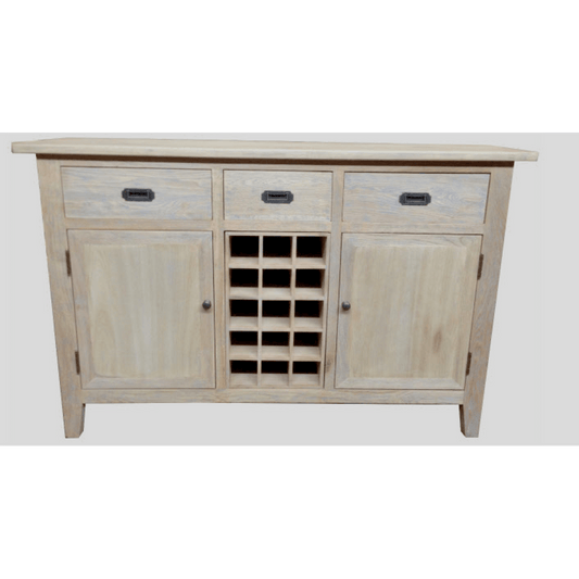 HAMPTON GREYWASHED OAK SIDEBOARD/BUFFET W/20 BOTTLE WINE RACK 3 DRAWERS & 2 DOORS - MyChocolateWood