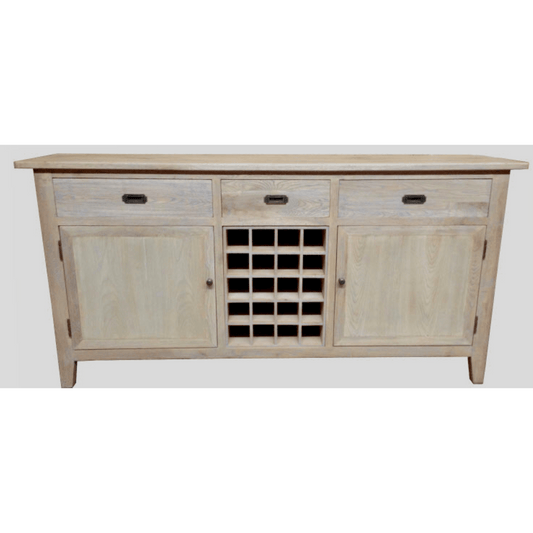 HAMPTON GREYWASHED OAK SIDEBOARD/BUFFET W/20 BOTTLE WINE RACK WITH 3 DRAWERS 2 DOORS 180CM - MyChocolateWood