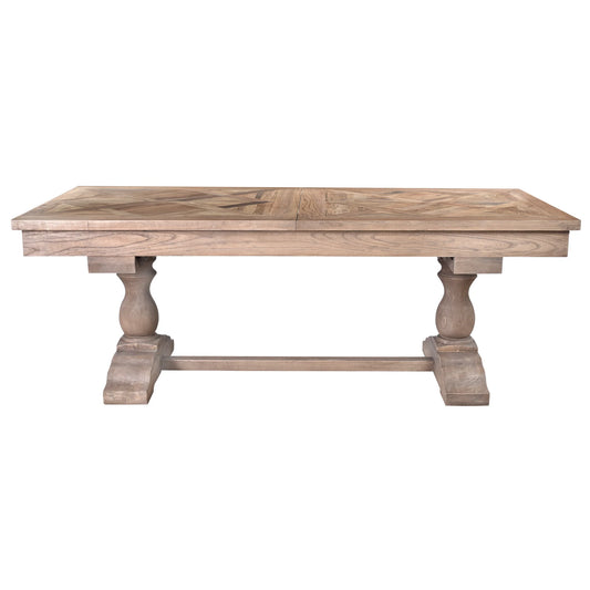 HARLOW PARQUET RECLAIMED ELM DOUBLE EXTENSION DINING TABLE WITH PEDESTAL BASE 210/260/310CM NATURAL ELM