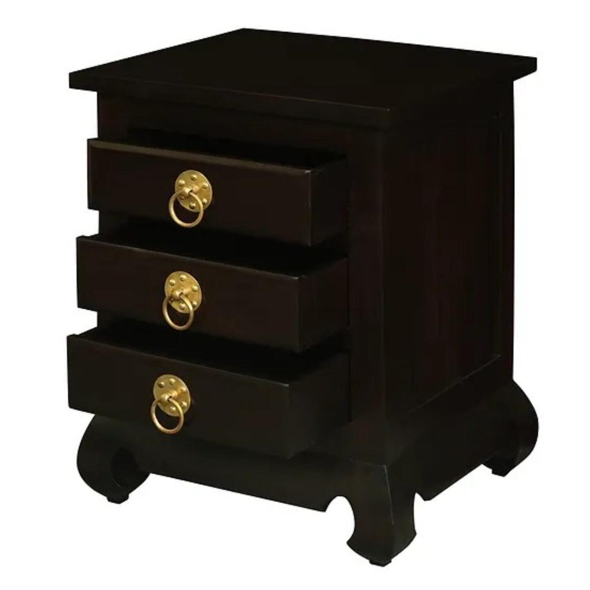 HIROKO OPIUM STYLE LEG 3 DRAWERS BEDSIDE TABLE - CHOCOLATE - MyChocolateWood