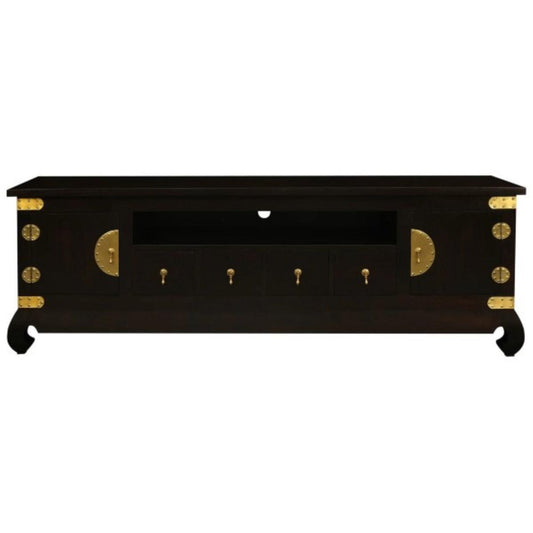 HIROKO SOLID MAHOGANY CHINESE STYLE TV UNIT 2 DOORS & 4 DRAWERS IN CHOCOLATE 190 CM - MyChocolateWood