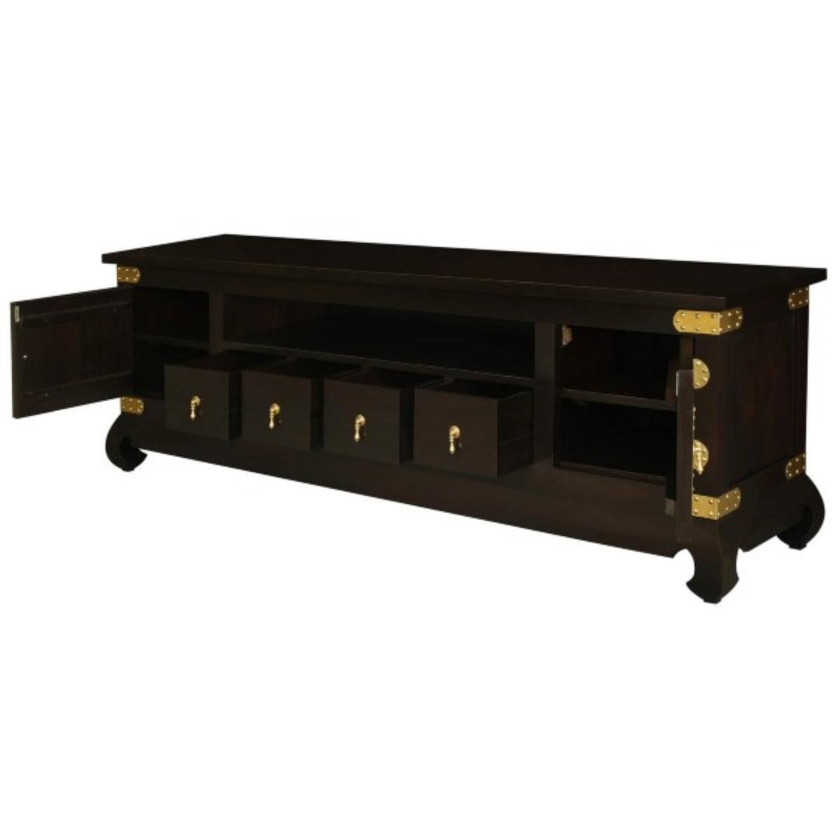 HIROKO SOLID MAHOGANY CHINESE STYLE TV UNIT 2 DOORS & 4 DRAWERS IN CHOCOLATE 190 CM - MyChocolateWood