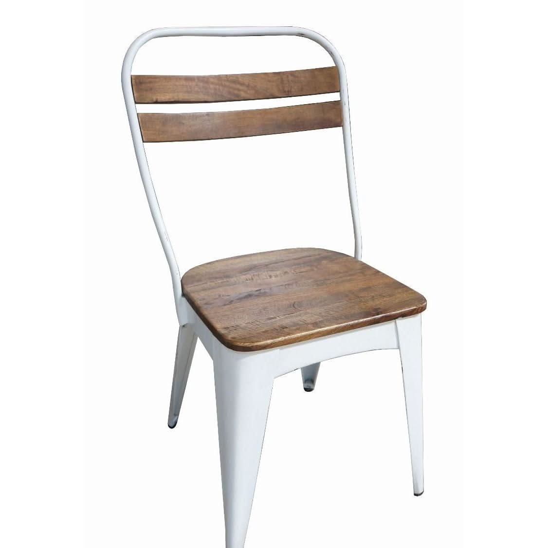 JOSHI RUSTIC ARMLESS SIDE CHAIR WHITE STEEL FRAME WITH MANGO WOOD SEAT & SUPPORTS - MyChocolateWood
