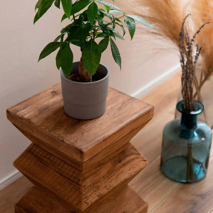 KANITZ RECYCLED PINE ZIGZAG STOOL/SIDE TABLE LAMP TABLE NATURAL - MyChocolateWood