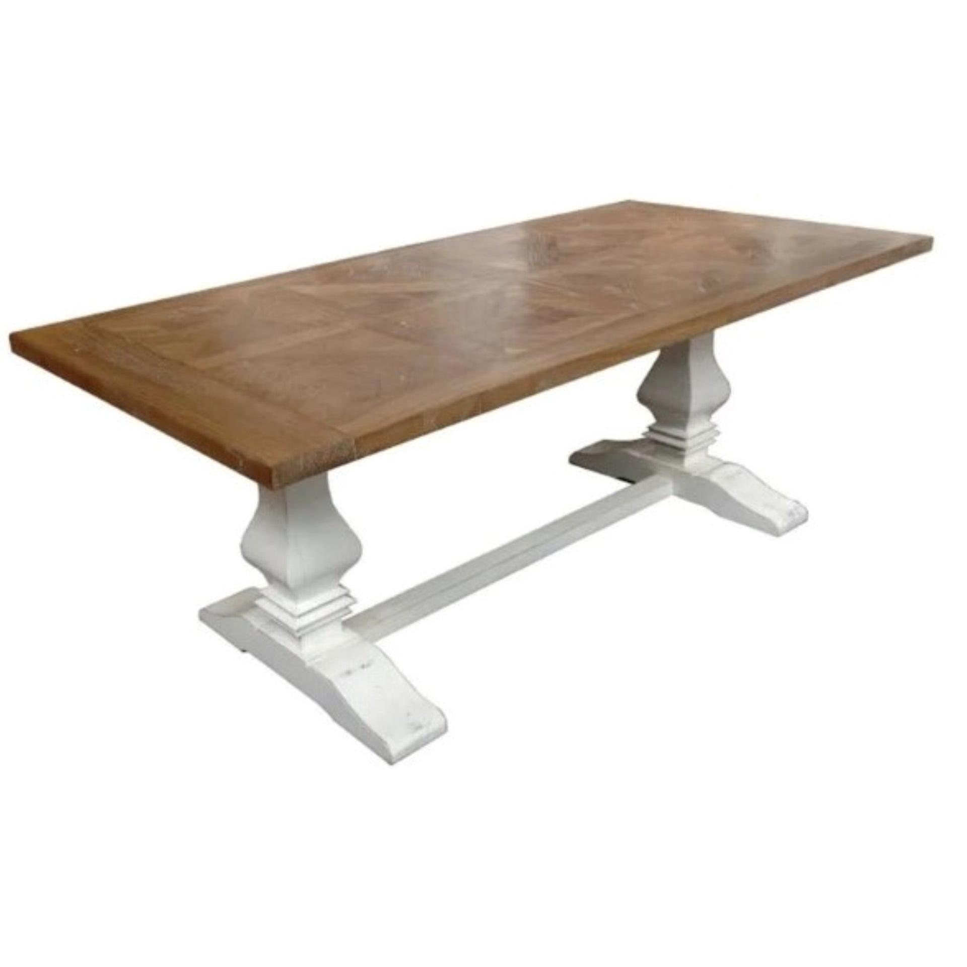 KENSIT HAMPTON RECYCLED ELM DINING TABLE IN 2 TONE FINISH PARQUETRY TOP 245CM + 8 MELROSE CROSS BACK DINING CHAIRS- WHITE - MyChocolateWood