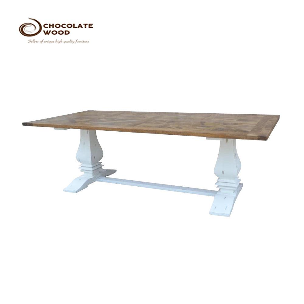 KENSIT HAMPTON RECYCLED ELM DINING TABLE IN 2 TONE FINISH PARQUETRY TOP 245CM + 8 MELROSE CROSS BACK DINING CHAIRS- WHITE - MyChocolateWood