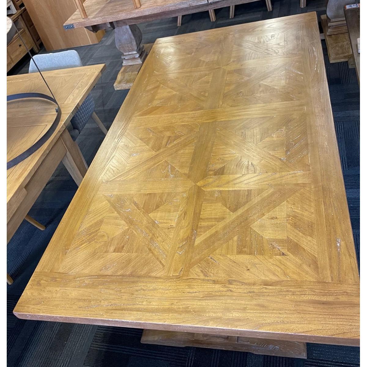 KENSIT RECYCLED ELM DINING TABLE IN 2 TONE FINISH PARQUETRY TOP 200CM - MyChocolateWood