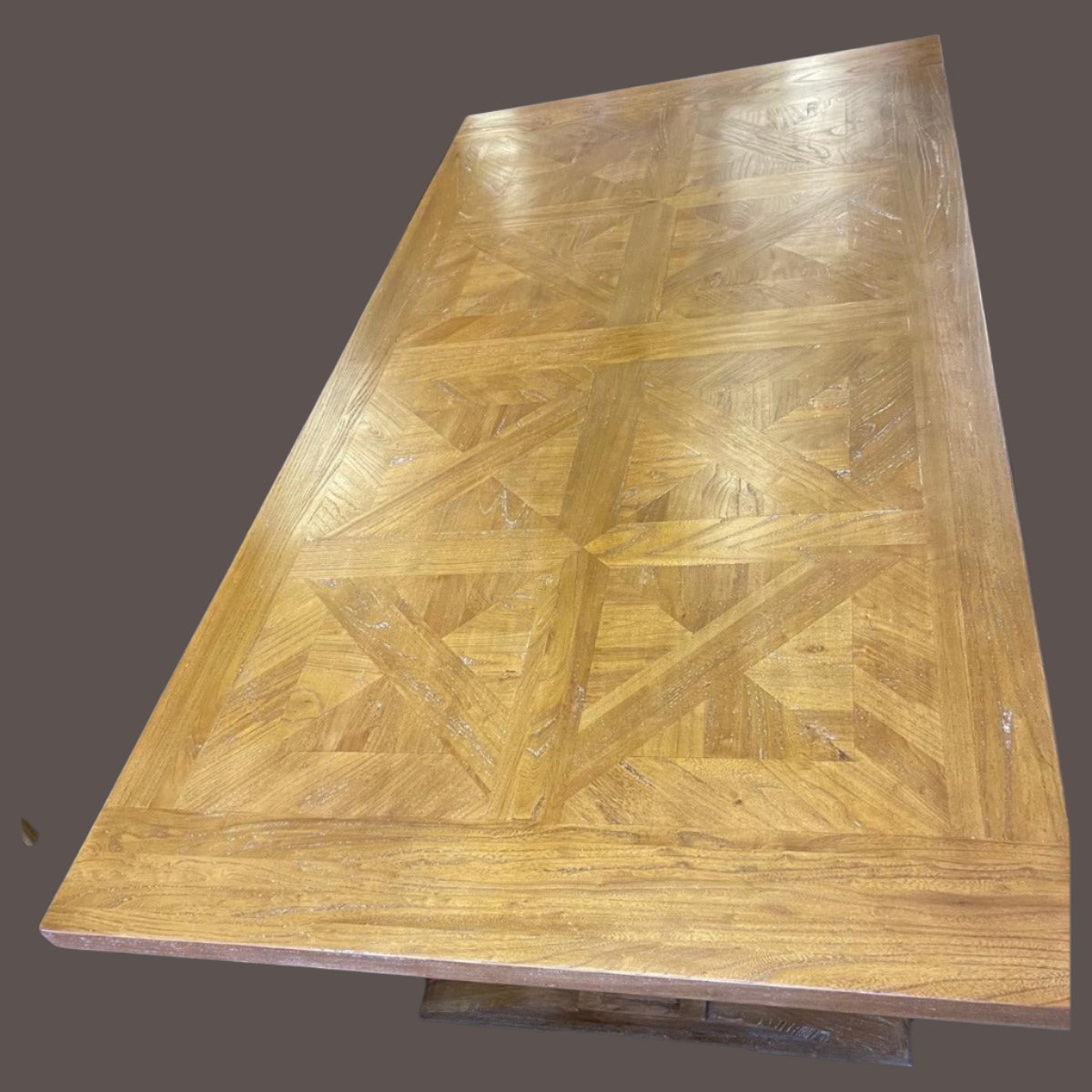 KENSIT RECYCLED ELM DINING TABLE IN 2 TONE FINISH PARQUETRY TOP 245CM - MyChocolateWood