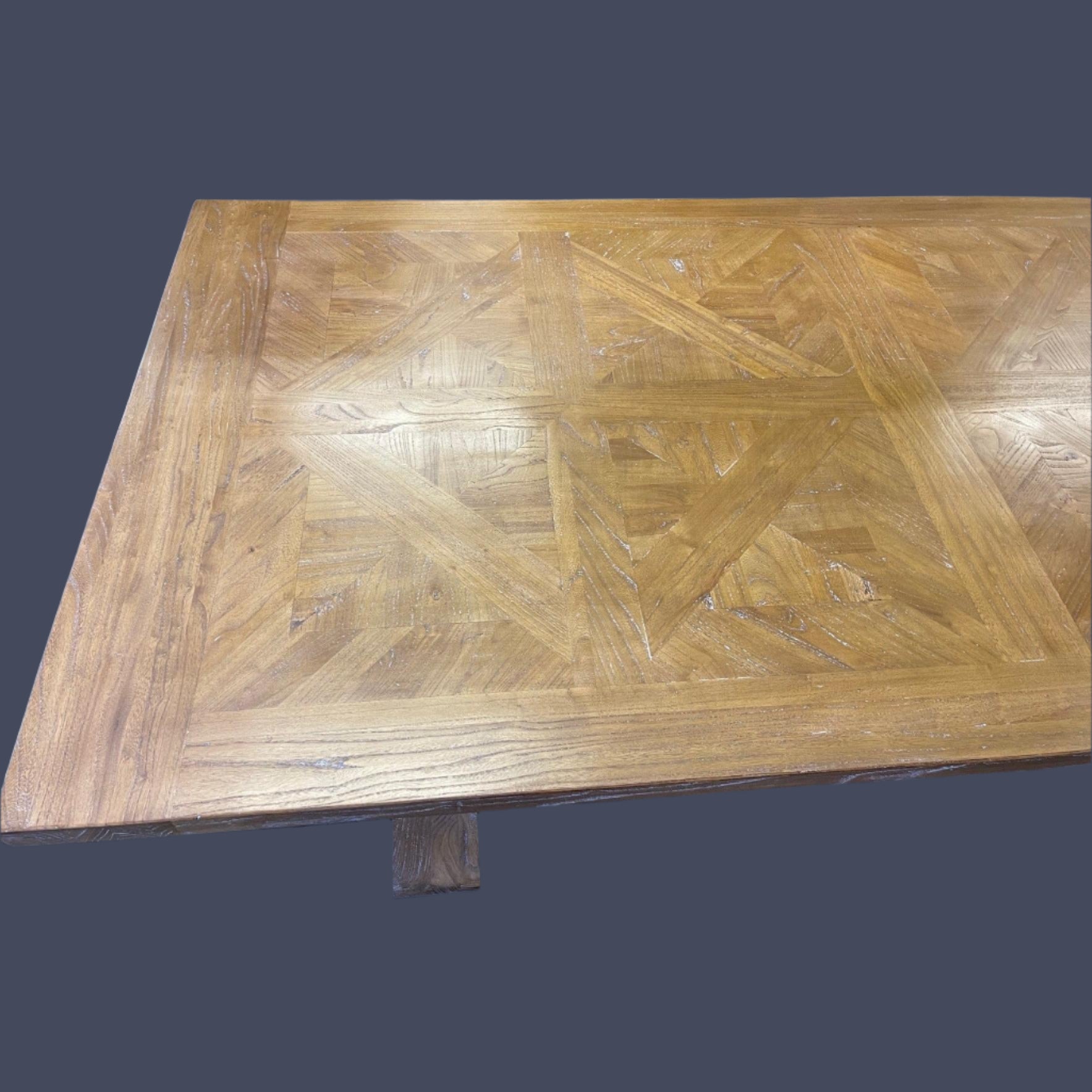 KENSIT RECYCLED ELM DINING TABLE IN 2 TONE FINISH PARQUETRY TOP 245CM - MyChocolateWood
