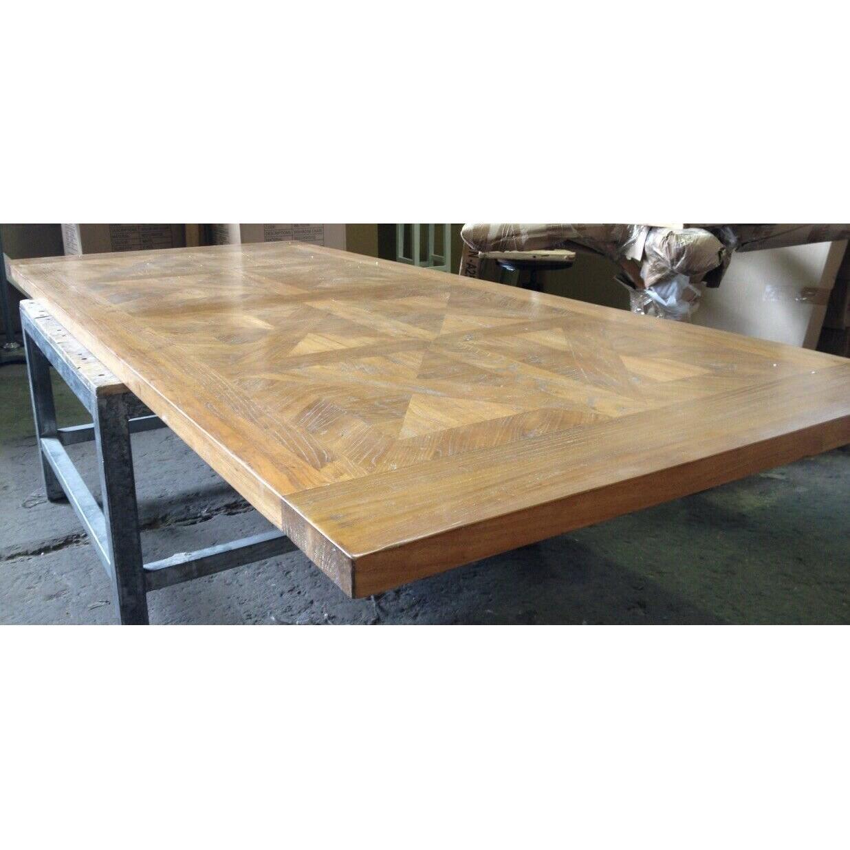 KENSIT RECYCLED ELM DINING TABLE IN 2 TONE FINISH PARQUETRY TOP 245CM - MyChocolateWood