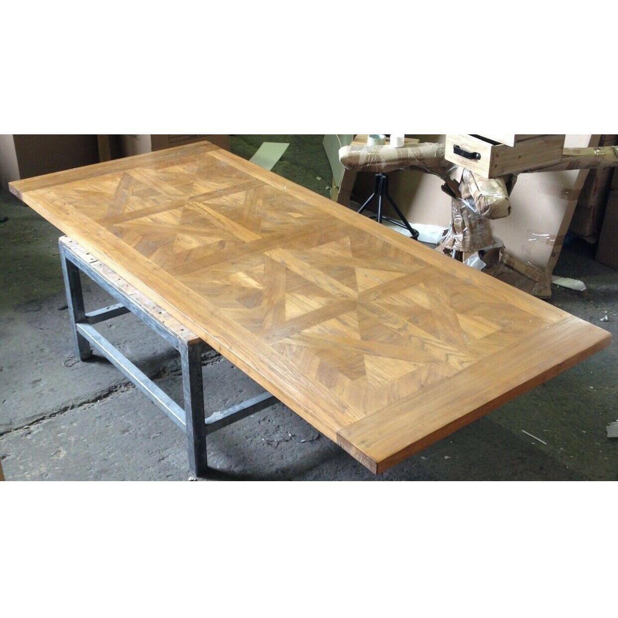 KENSIT RECYCLED ELM DINING TABLE IN 2 TONE FINISH PARQUETRY TOP 245CM - MyChocolateWood