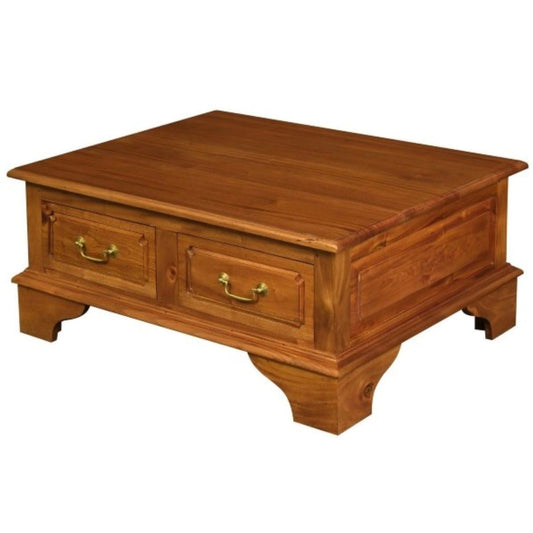 KLEVERSON SOLID MAHOGANY RECTANGULAR COFFEE TABLE - 4 DRAWERS - LIGHT PECAN - MyChocolateWood