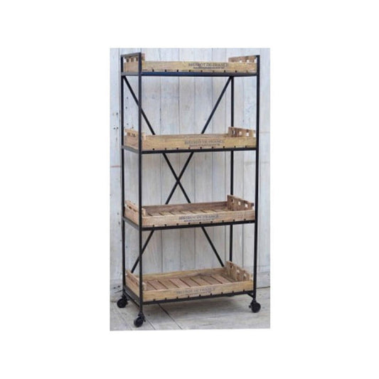 LAURENT INDUSTRIAL BOOKCASE BOOKSHELF ON WHEELS IRON & SOLID MANGO TIMBER - MyChocolateWood