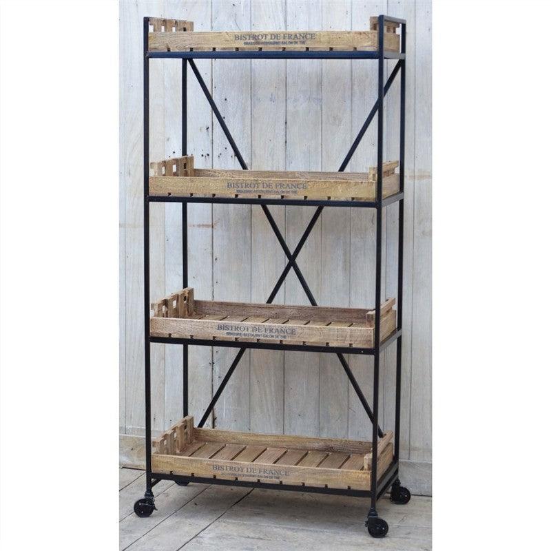 LAURENT INDUSTRIAL BOOKCASE BOOKSHELF ON WHEELS IRON & SOLID MANGO TIMBER - MyChocolateWood
