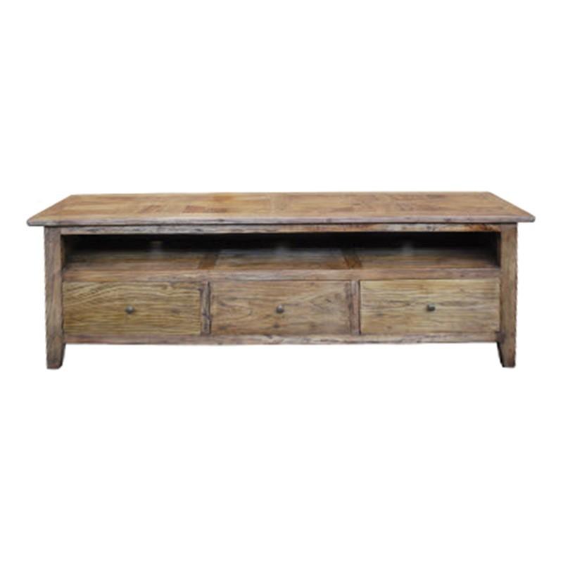 LENNON 3 DRAWERS RUSTIC PROVINCIAL RECYCLED ELM PARQUETRY TV/ENTERTAINMENT UNIT 180CM - MyChocolateWood