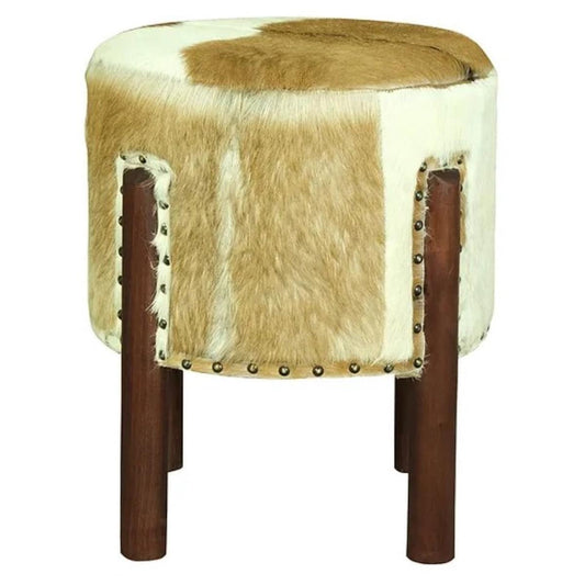 LOLA ROUND GOAT HIDE OTTOMAN IN MAHOGANY - MyChocolateWood