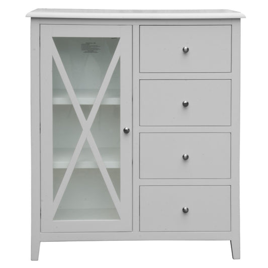 LUGANO HAMPTONS STYLE ACACIA 4-DRAWER 1 GLASS DOOR TALLBOY CHEST OF 4 DRAWERS WHITE - MyChocolateWood