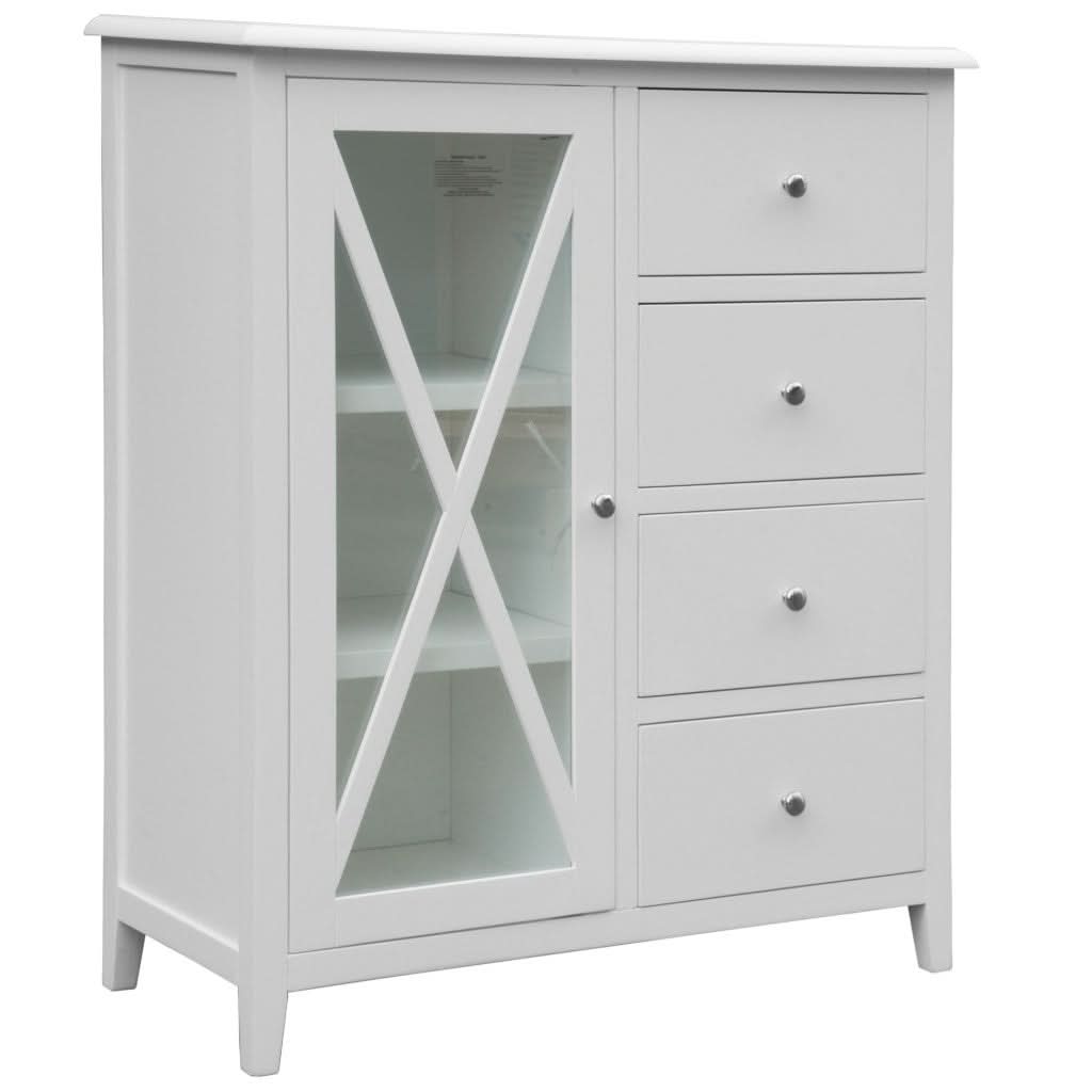 LUGANO HAMPTONS STYLE ACACIA 4-DRAWER 1 GLASS DOOR TALLBOY CHEST OF 4 DRAWERS WHITE - MyChocolateWood