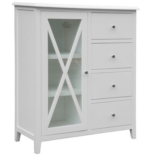 LUGANO HAMPTONS STYLE ACACIA 4-DRAWER 1 GLASS DOOR TALLBOY CHEST OF 4 DRAWERS WHITE - MyChocolateWood