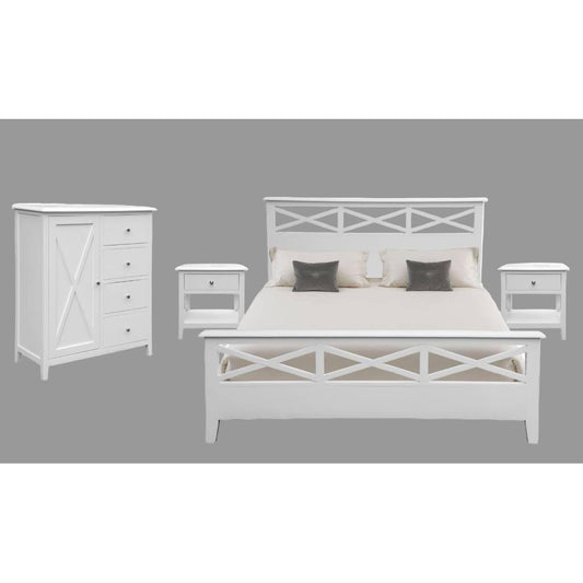LUGANO HAMPTONS STYLE ACACIA 4 PIECE BEDROOM SUITE: 1 KING BED 1 TALLBOY  2 BEDSIDE TABLES