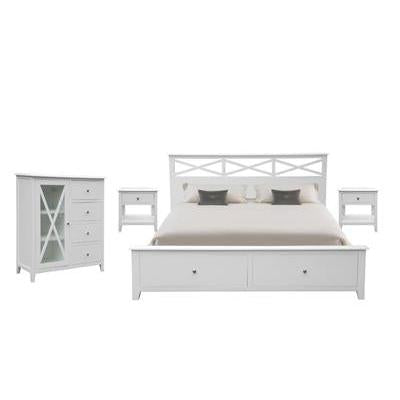 LUGANO HAMPTONS STYLE ACACIA 4 PIECE BEDROOM SUITE: 2-DRAWER DOUBLE BED 1 GLASS DOOR TALLBOY  2 BEDSIDE TABLES