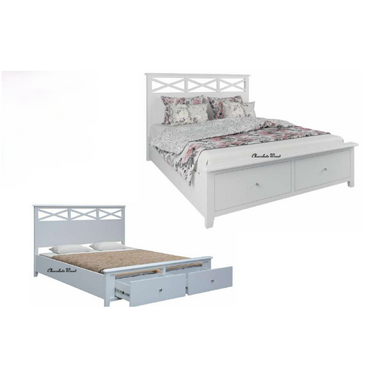 LUGANO HAMPTONS STYLE ACACIA 4 PIECE BEDROOM SUITE: 2-DRAWER DOUBLE BED 1 GLASS DOOR TALLBOY  2 BEDSIDE TABLES