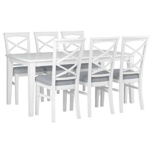 LUGANO HAMPTONS STYLE ACACIA 7 PIECE DINING SET DINING TABLE 180CM + 6 FABRIC SEAT DINING CHAIRS
