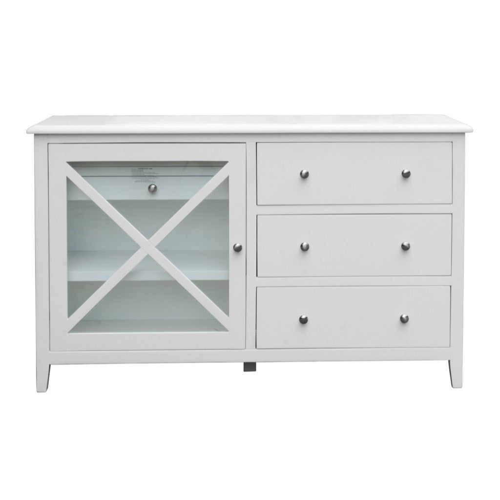 LUGANO HAMPTONS STYLE ACACIA DRESSER 4 DRAWERS/1 GLASS DOOR WHITE