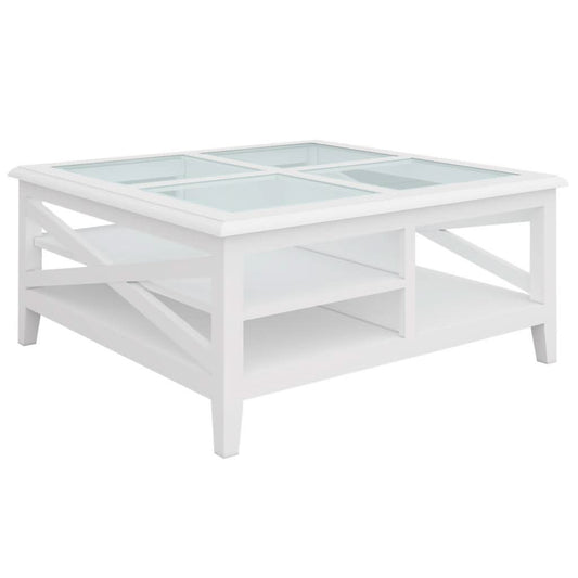 LUGANO HAMPTONS STYLE ACACIA SQUARE COFFEE TABLE W/GLASS TOP WHITE - MyChocolateWood