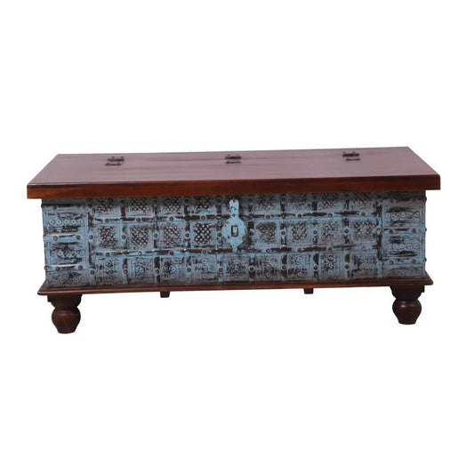 MAGNOLIA SOLID MANGO WOOD VINTAGE STYLE INDIAN TRUNK COFFEE TABLE IN DARK WALNUT/DISTRESSED BLUE - MyChocolateWood