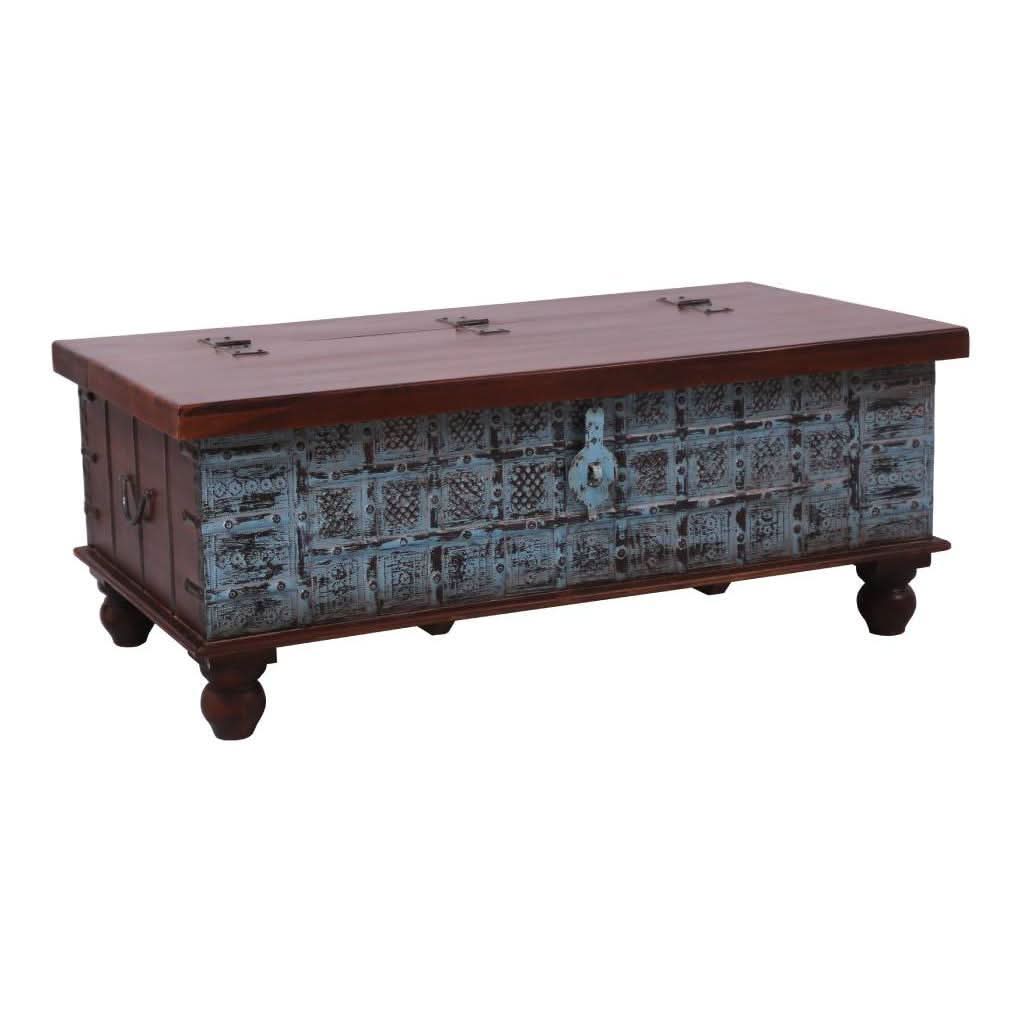 MAGNOLIA SOLID MANGO WOOD VINTAGE STYLE INDIAN TRUNK COFFEE TABLE IN DARK WALNUT/DISTRESSED BLUE - MyChocolateWood