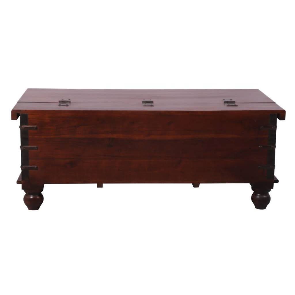 MAGNOLIA SOLID MANGO WOOD VINTAGE STYLE INDIAN TRUNK COFFEE TABLE IN DARK WALNUT/DISTRESSED BLUE - MyChocolateWood