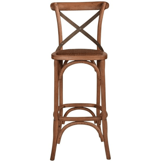 MALMO CROSS BACK OAK BAR STOOL WITH GREY METAL STRAPS - MyChocolateWood