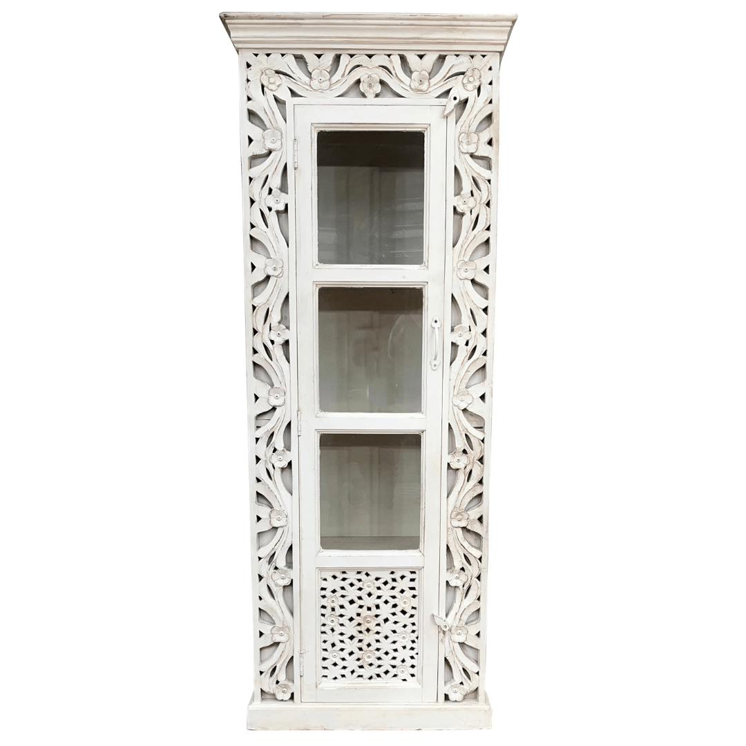 MANCHUELA SINGLE DOOR ORNATE ASIAN STYLE DISPLAY CABINET IN MANGO WOOD - MyChocolateWood